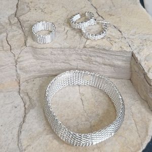 925 Sterling Silver Plated Mesh Jewelry Set Bracelet Earrings Ring 7